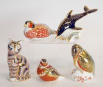 FIVE MODERN ROYAL CROWN DERBY ANIMAL PATTERN IMARI CHINA PAPERWEIGHTS with ground/cancelled marks