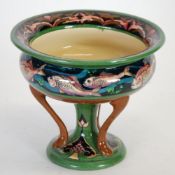 EARLY TWENTIETH CENTURY WILEMAN AND CO., `THE FOLEY` INTARSIO POTTERY PEDESTAL BOWL, shallow form