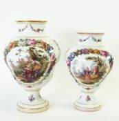 GRADUATED PAIR OF LATE NINETEENTH/EARLY TWENTIETH CENTURY DRESDEN HAND PAINTED PORCELAIN PEDESTAL