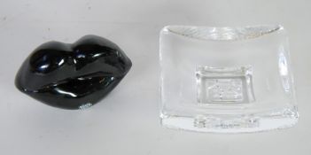 TWO PIECES OF MODERN KOSTA BODA MOULDED GLASS,  comprising; HOT LIPS  in black glass by Asa