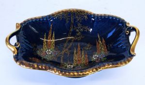 FIELDINGS, CROWN DEVON CHINA MOULDED TWIN HANDLED PEDESTAL DISH, oblong form, enamelled and gilt