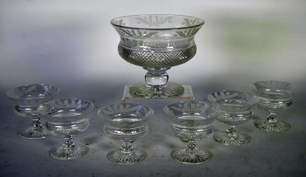 SEVEN PIECE EDINBURGH CUT AND ETCHED GLASS FRUIT SET FOR SIX PERSONS, pedestal form with thistles