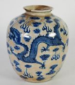 CHINESE BLUE AND WHITE CRACKLE GLAZED PORCELAIN VASE, of footed ovoid form with lipped rim,