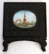 PERSIAN OVAL MINIATURE PAINTING, probably on ivory, depicting a temple and ruin, oval mounted, 2""