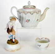 EARLY NINETEENTH CENTURY NEWHALL TYPE PORCELAIN TEAPOT AND COVER, oval, wrythen fluted form,