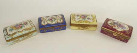 FOUR TWENTIETH CENTURY LIMOGES PORCELAIN BOXES OF SEVRES STYLE, the shallow domed hinged lids