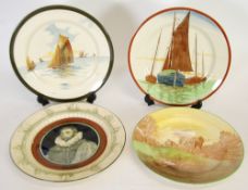 FOUR ROYAL DOULTON SERIES WARE POTTERY PLATES, `Drake` D2787, ploughing scene, D49 (?)4, and two