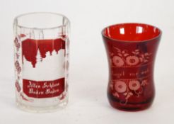 BOHEMIAN RUBY STAINED AND ENGRAVED FACET CUT GLASS MUG, wheel cut with church and landscape above