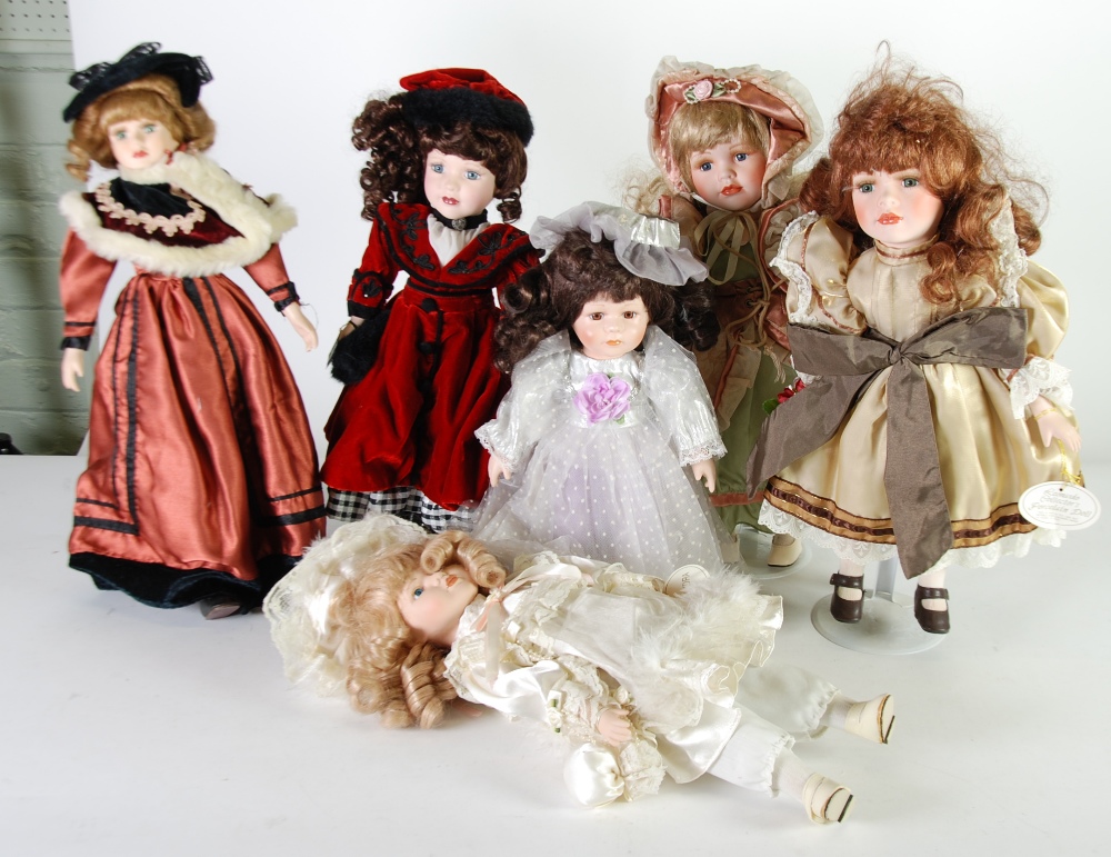 SIX MODERN BISQUE HEADED COLLECTORS COSTUME DOLLS, upto 18"" high  and the stands