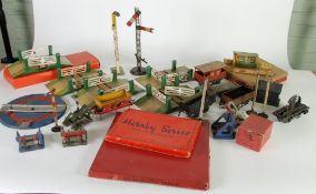 HORNBY `O` GAUGE ROLLING STOCK AND RAIL PARTS. Group of guards vans and flat trucks, repainted and