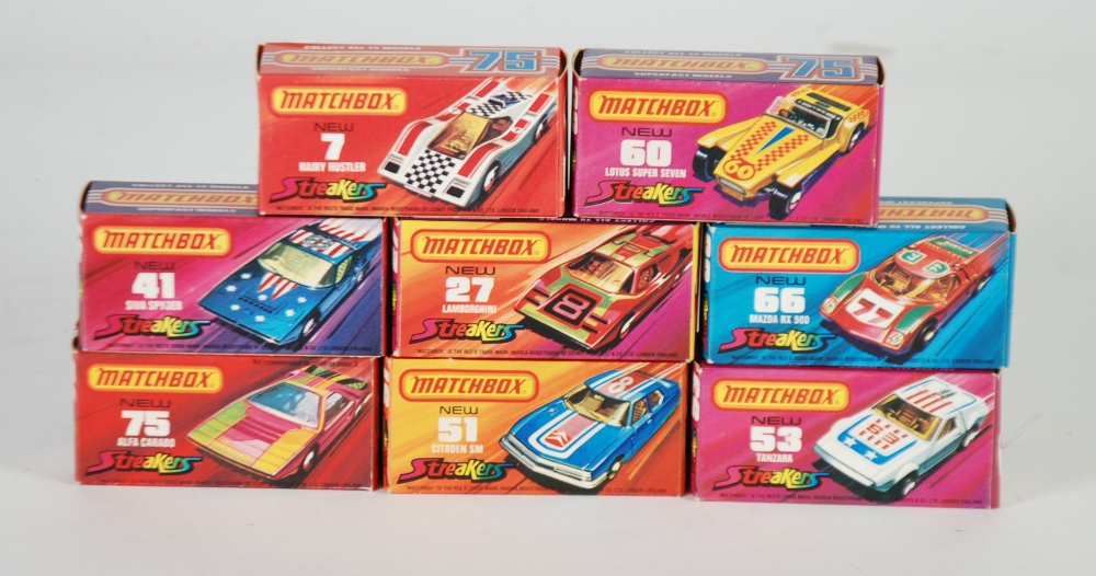 EIGHT MINT AND BOXED MATCHBOX `STREAKERS`  viz 7d Hairy Hustler, 27e Lamborghini, 41d Siva Spider,