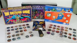 WADDINGTONS BATMAN POG GAME/WORLD FEDERATION SET (Mint and nearly complete) 4 sheets and tube of