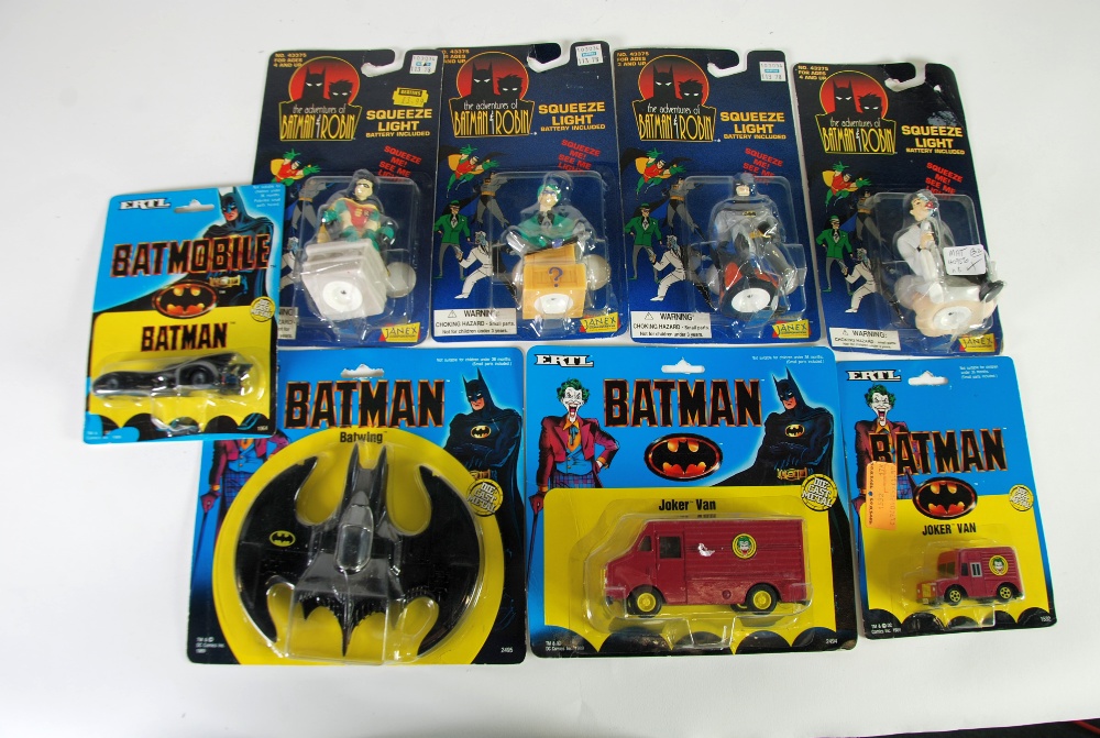 FOUR JANEX CORPORATION MINI SIZE BATMAN AND ROBIN SQUEEZE LIGHT MINT AND BOXED FIGURES, on card