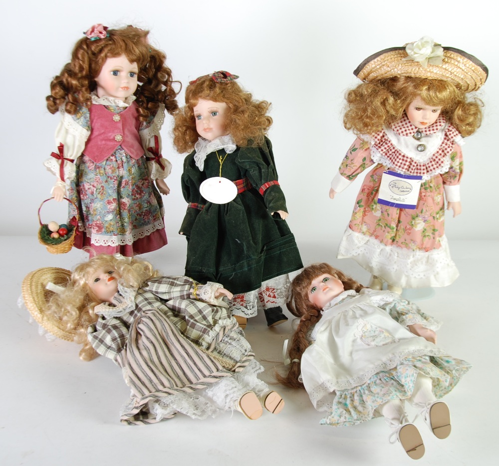 SIX MODERN BISQUE HEADED COLLECTORS COSTUME DOLLS, upto 18"" high and the stands