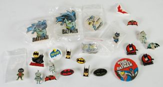 D.C. COMICS BATMAN PRINTED TINPLATE BADGE,  circa 1979, larger  DITTO ROBIN LOVES BATMAN, 2 1/2""