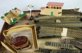 HORNBY DUBLO DIECAST SIGNAL BOX, PASSENGER OVER BRIDGE, LEVEL CROSSING, BUFFERS, SIGNAL with a