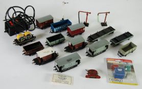 HORNBY DUBLO TINPLATE `OO` WAGONS, TRUCKS, GUARDS VANS AND FLAT BOLSTERS with water towers, signals