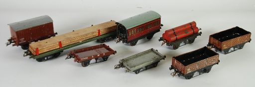 HORNBY `O` GAUGE TRUCKS AND WAGONS, No. 2 lumber wagon - olive green (Good), No. 1 LMS goods van (