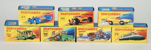 FIVE  MATCHBOX MINT AND BOXED `SUPERFAST`,  MODEL VEHICLES, viz 58d Woosh `N` Push, 60c Lotus Super