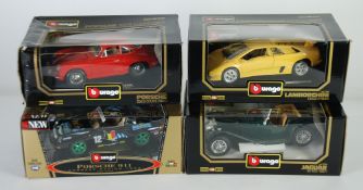 FOUR BURAGO MINT AND BOXED 1:18 SCALE MODELS OF CLASSIC SPORTS CARS, viz Porsche 356B Coupe (1961),