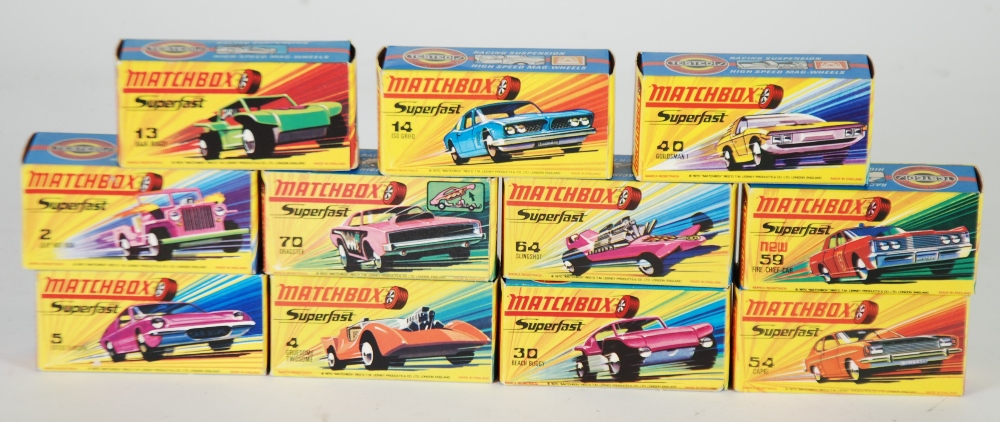 ELEVEN MATCHBOX MINT AND BOXED `SUPERFAST` MODELS viz 2e Jeep hotrod, 4e Gruesome Twosome, 5e Lotus