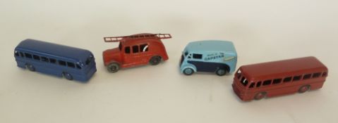 FOUR UNBOXED CIRCA 1940s DINKY DIECAST TOY VEHICLES, includes Morris 10 cwt van `Have a Capstan`,