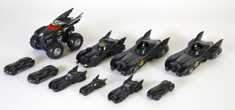 PLASTIC BATMOBILES by UNKNOWN MAKERS, 2"" to 7"" x 6,  MATTEL WAYNE`S CAR  x 3,  and MINI MONSTER (