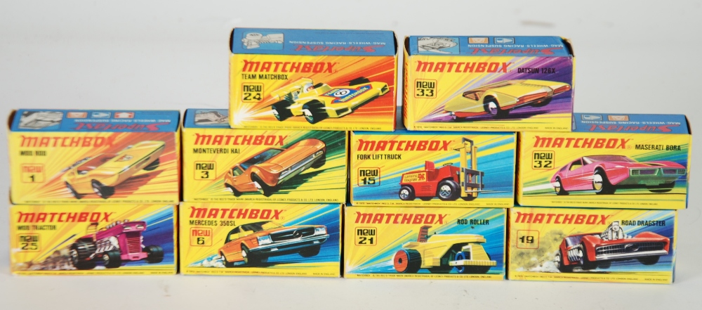 TEN MATCHBOX MINT AND BOXED `SUPERFAST` MODEL VEHICLES, viz 1f Mod Rod, 3d Monteverdi Hai, 6e