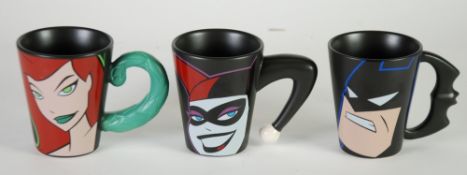 MUGS - WARNER BROS. 5"" high, Tapered black with artist comic face of Batman, Poison Ivy and