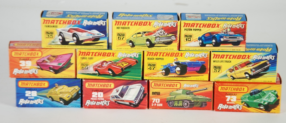 ELEVEN MATCHBOX MINT AND BOXED `ROLAMATICS` MODEL VEHICLES, viz 10e Piston Popper, 20e Police