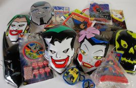 PARTY ITEMS - BATMAN CHARACTERS, vacformed plastic masks x 12, packet of cone party hats, BIRTHDAY