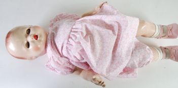 ENGLISH 1950`s HARD PLASTIC BABY DOLL, with moulded hair, sleeping eyes, open mouth with teeth,