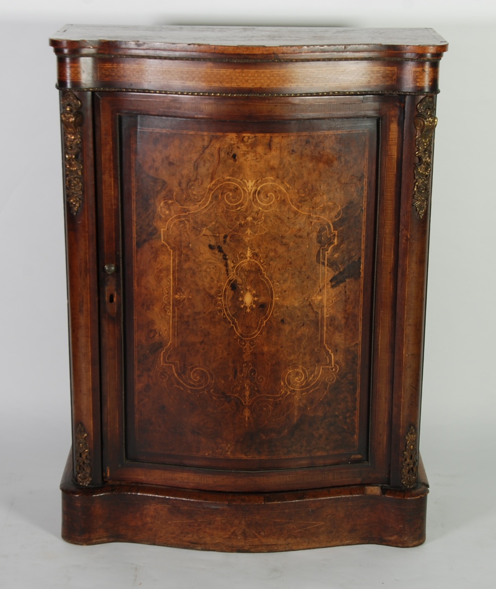 MID NINETEENTH CENTURY BURR WALNUT AND MARQUETRY INLAID SERPENTINE FRONTED SIDE CABINET, the