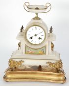 LATE NINETEENTH CENTURY, FRENCH GILT METAL MOUNTED ALABASTER MANTEL CLOCK, the 3 1/2"" enamelled