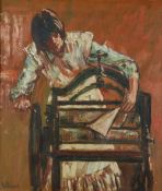 ANDREW VICARI (b.1938) OIL ON WOOD PANEL  `Maid using mangle` signed, titled to label verso 15 1/