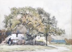 FRED LAWSON (1883-1963)  BLACK CHALK AND WATERCOLOUR DRAWING  Rural scene with figure and cattle