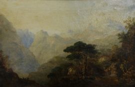 ATTRIBUTED TO FRANCIS DANBY (1793 - 1861) OIL PAINTING ON CANVAS Figures on path in a mountainous