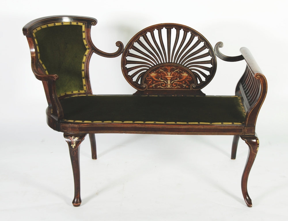 EDWARDIAN DARK MAHOGANY AND MARQUETRY INLAID DRAWING ROOM SETTEE, the back with central pierced fan