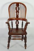 NINETEENTH CENTURY ELM, BEECHWOOD AND FRUITWOOD HIGH BACK WINDSOR CHAIR, the turned legs joined by