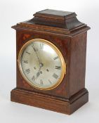 TWENTIETH CENTURY GEORGIAN STYLE INLAID OAK MANTEL CLOCK, by Gustav Becker, the 8"" silvered Roman