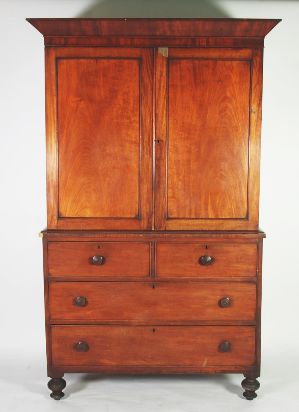 EARLY 19th CENTURY MAHOGANY CLOTHES PRESS, the angular cornice above a pair of panelled cupboard