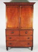 EARLY 19th CENTURY MAHOGANY CLOTHES PRESS, the angular cornice above a pair of panelled cupboard