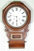 VICTORIAN CARVED WALNUTWOOD CASED DROP DIAL WALL CLOCK, the 12"" enamelled roman dial powered by an