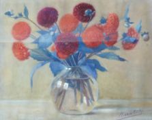 H. VAN NECK (Dutch 1881 - ?) GOUACHE DRAWING Glass bowl of dahlias  signed lower right  11 1/2"" x