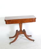 REGENCY BRASS LINE INLAID MAHOGANY PEDESTAL CARD TABLE, the swivel top with green baize lined