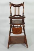 LATE NINETEENTH CENTURY CHILD`S STAINED BIRCH STICK BACK METAMORPHIC HIGH CHAIR, FORMING A TRAY