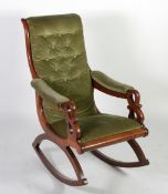 EARLY VICTORIAN MAHOGANY ROCKING CHAIR, the scroll top buttoned back above a pair of downswept arms