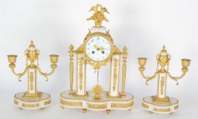 SAMUEL MARTI, PARIS, LATE NINETEENTH CENTURY ORMOLU MOUNTED WHITE MARBLE THREE PIECE CLOCK