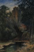 ROBERT FRIAR (1855 - 1912) WATERCOLOUR DRAWING River landscape with figure beside a cottage and