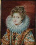 UNATTRIBUTED (20TH CENTURY) PORTRAIT MINIATURE Bust portrait of an Elizabethan lady 2 3/4"" x 2"" (